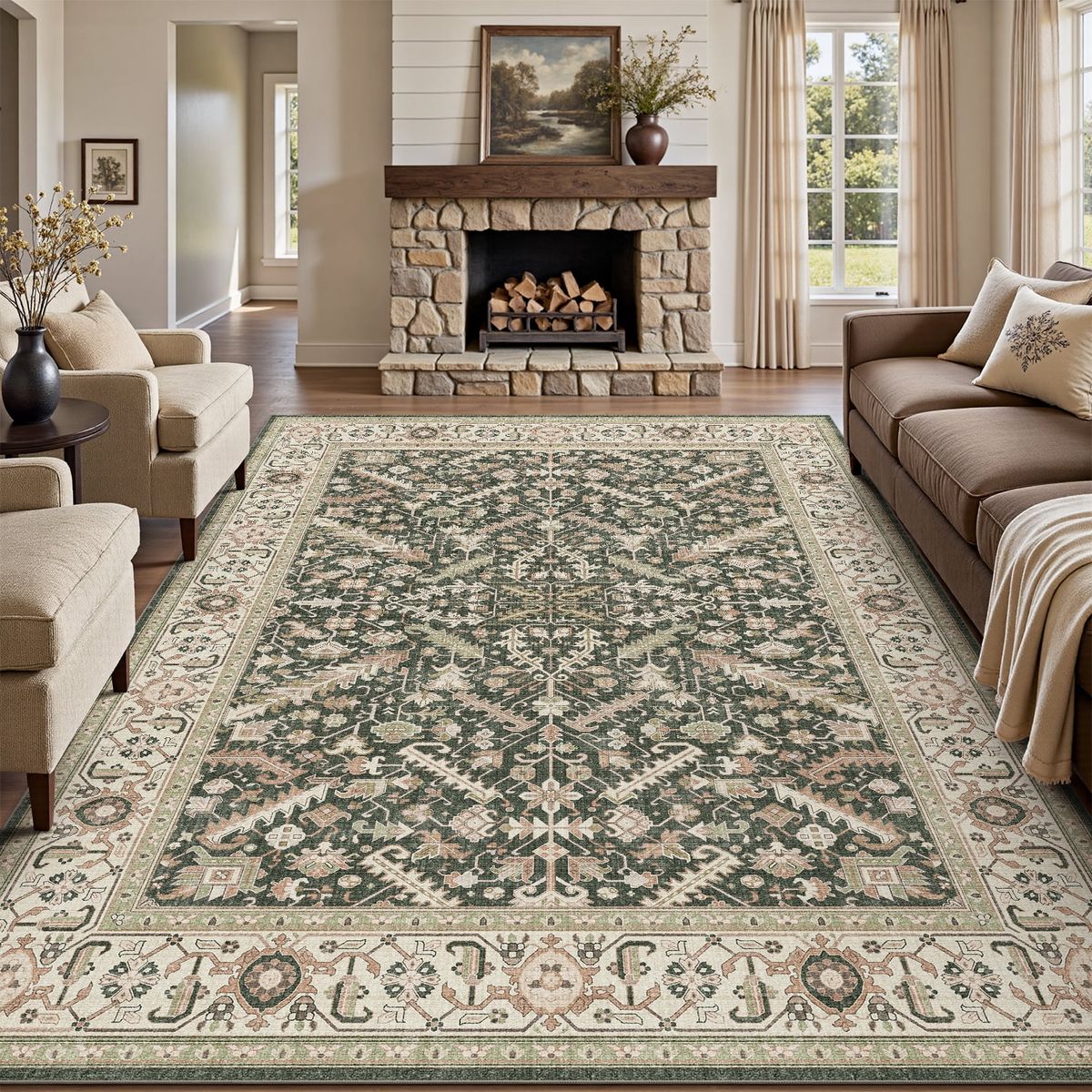 NEW 8'x10' Area Rugs for Living Room Washable Rugs Carpet Vintage Traditional Rug, Tan Green