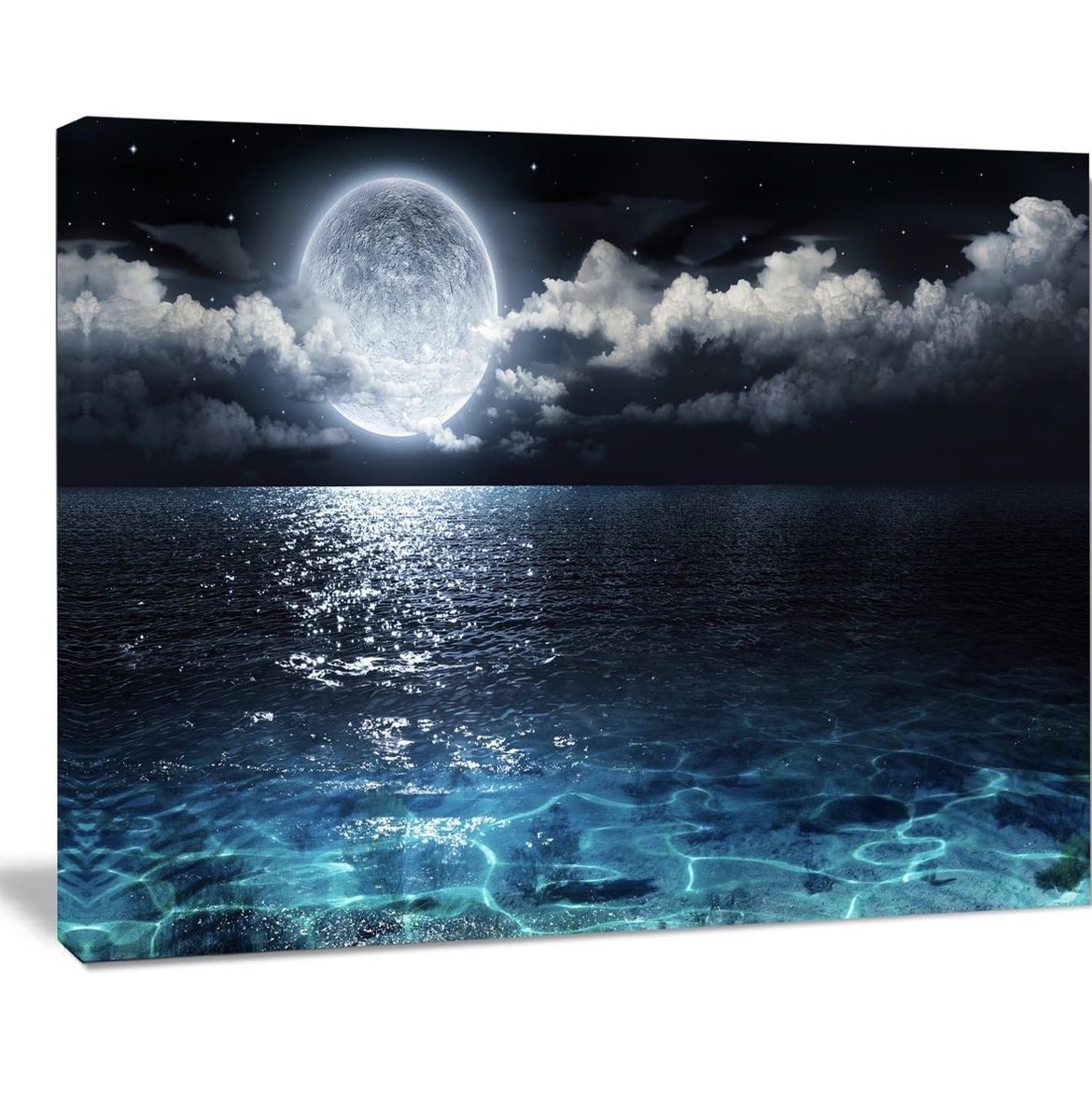 Designart "Super Moon Night Ocean" Canvas Wall Art - 40"x20" - Ready to Hang