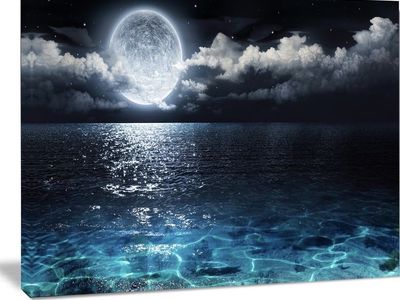Designart "Super Moon Night Ocean" Canvas Wall Art - 40"x20" - Ready to Hang