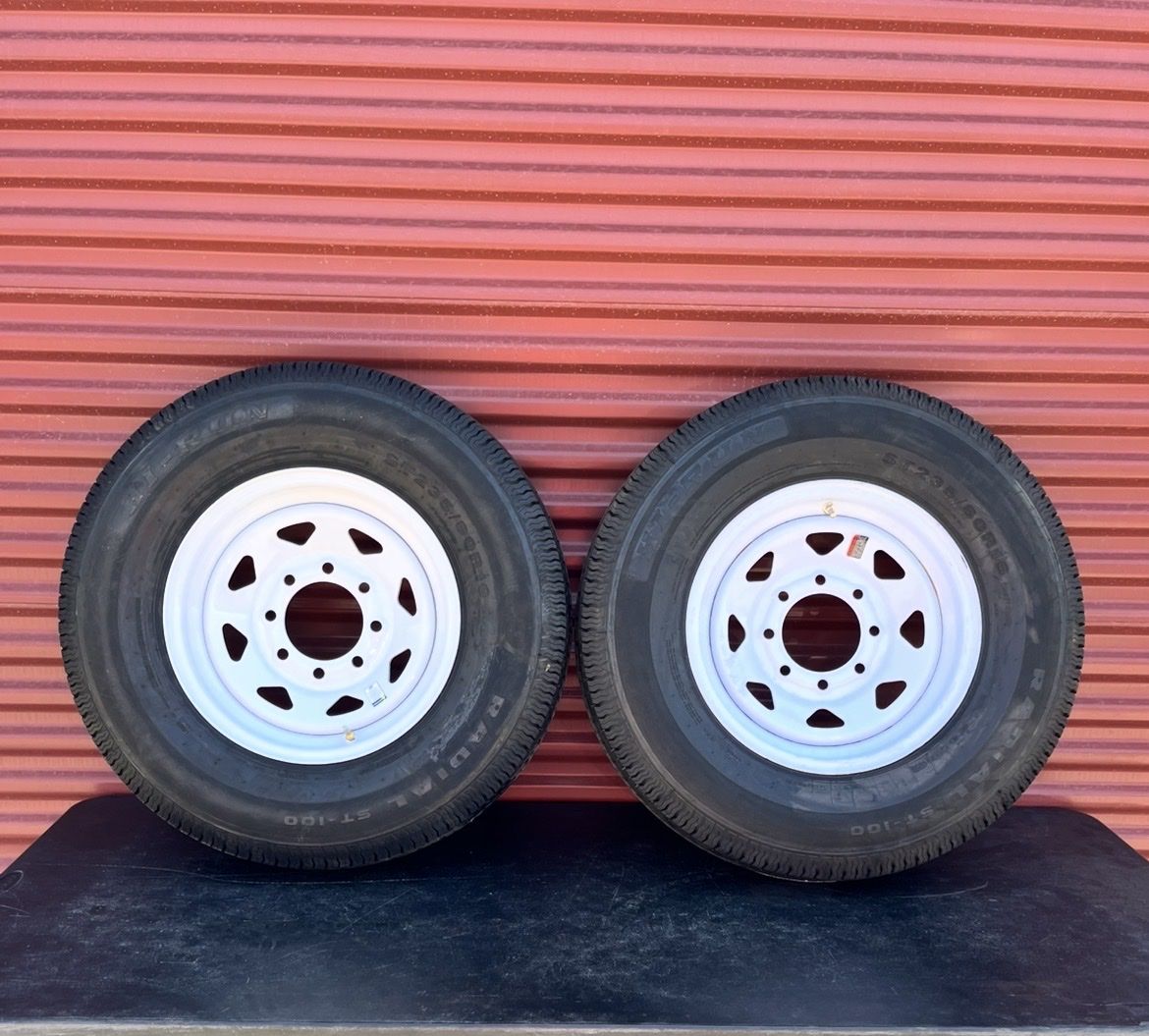 New Set of 2 Hi Run ST 235/80 R 16 Trailer Tires Mounted on New White Spoke Wheels 10 Ply E Load 8 lug