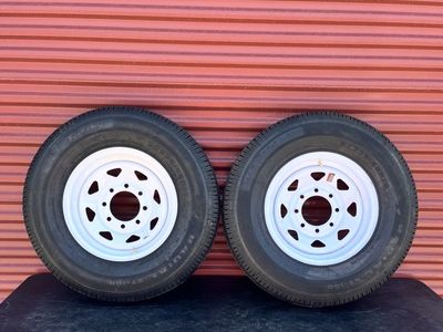 New Set of 2 Hi Run ST 235/80 R 16 Trailer Tires Mounted on New White Spoke Wheels 10 Ply E Load 8 lug