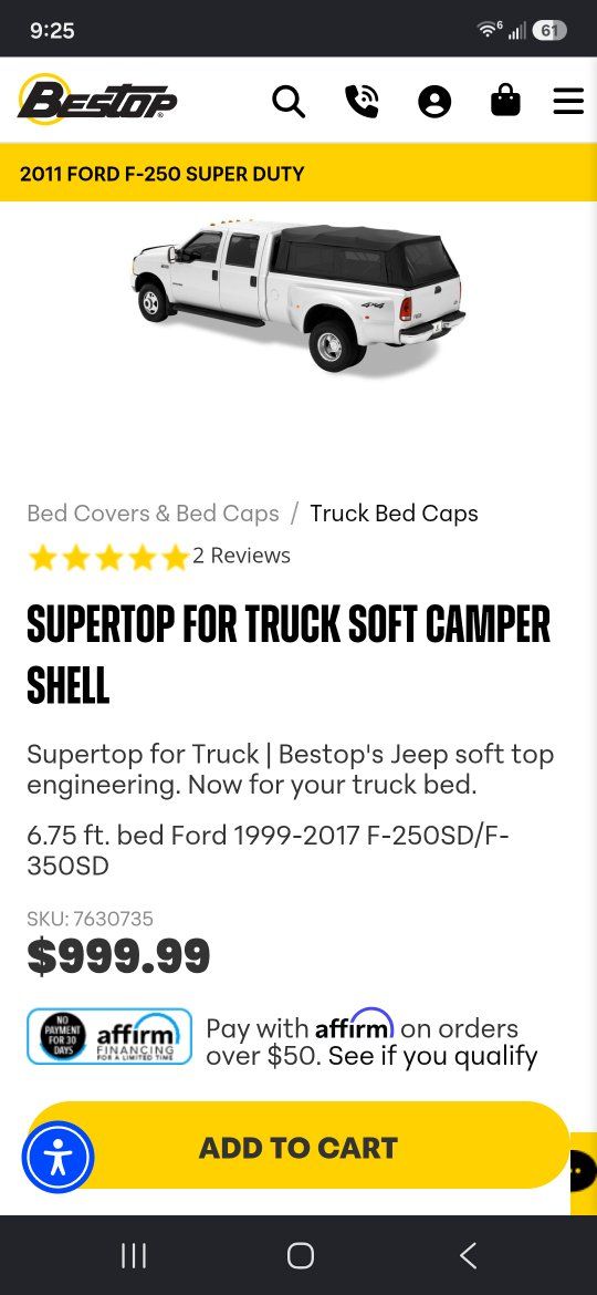 Bestop Supertop Soft Camper Shell for 1999-2017 Ford F-250SD/F-350SD 6.75ft Bed