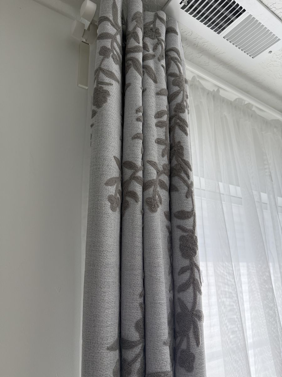 Gray Floral Embroidered Curtain Panels with Sheer White Embroidered Curtains