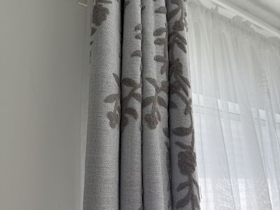 Gray Floral Embroidered Curtain Panels with Sheer White Embroidered Curtains