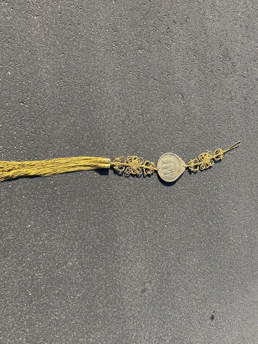 Large vintage Mid Century Asian lucky hanging knot, w decorative brass medallion