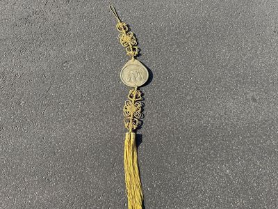 Large vintage Mid Century Asian lucky hanging knot, w decorative brass medallion