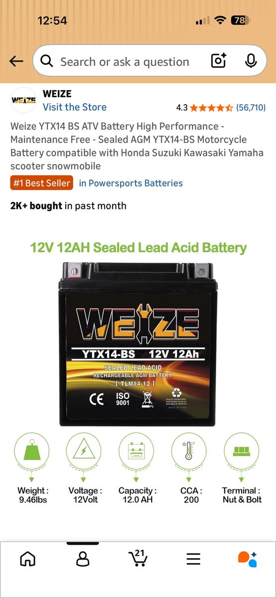 Brand New WEIZE YTX14-BS 12V 24AH Battery – Never