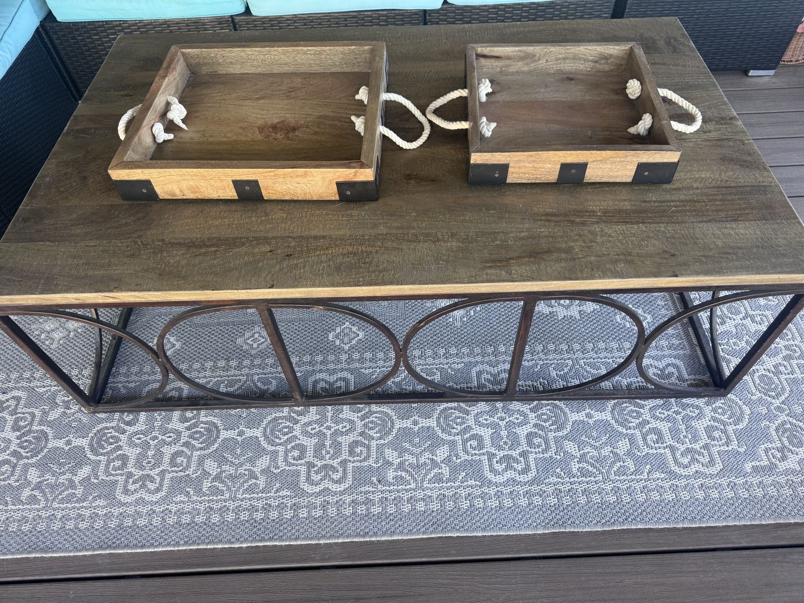 Coffee Table and Set of 2 Wooden Serving Trays with Rope Handles and Metal Accents