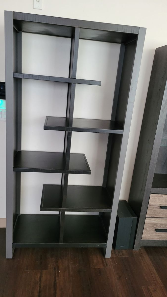 Modern Asymmetrical Black Wood and metal Bookshelf Display Unit