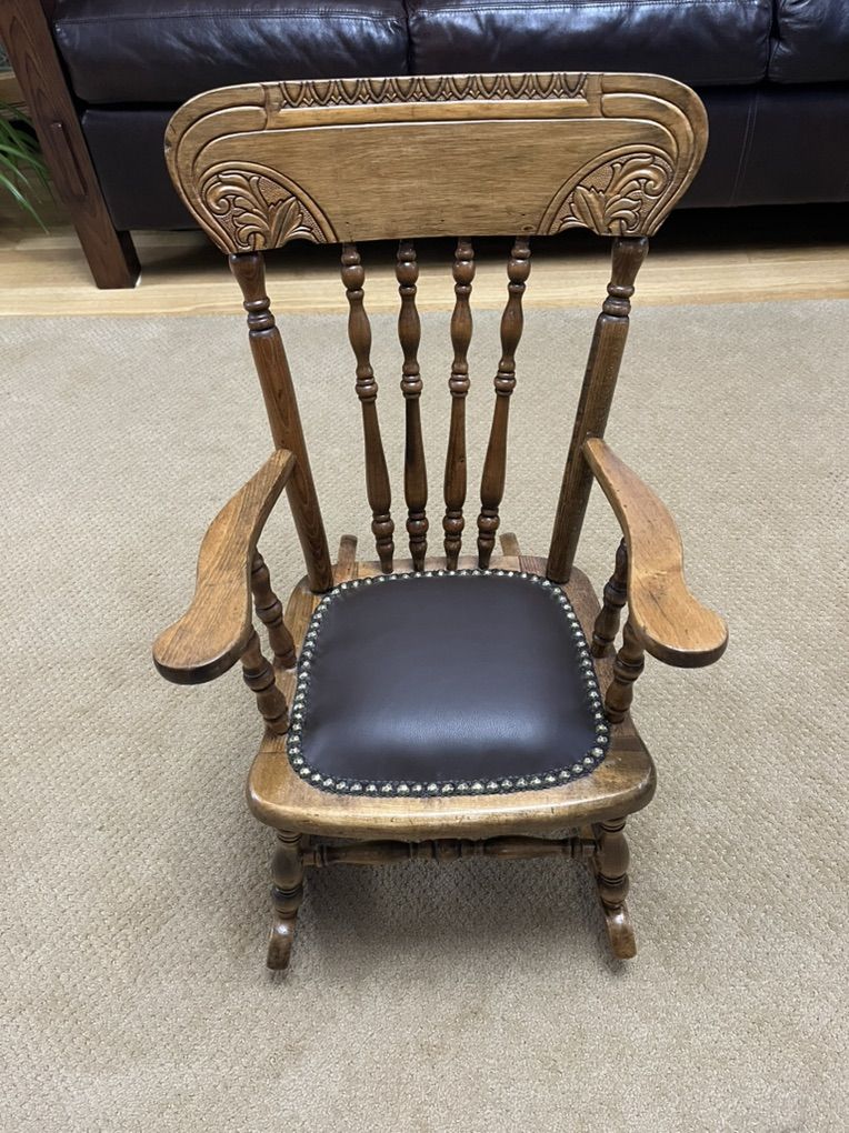 Darling Child's Rocking Chair with Leather Seat - Antique/Vintage