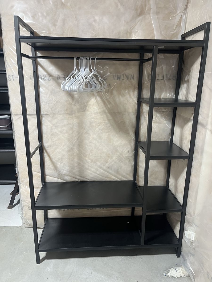 Black Metal Clothes Rack with Shelves - Garment Storage Organizer