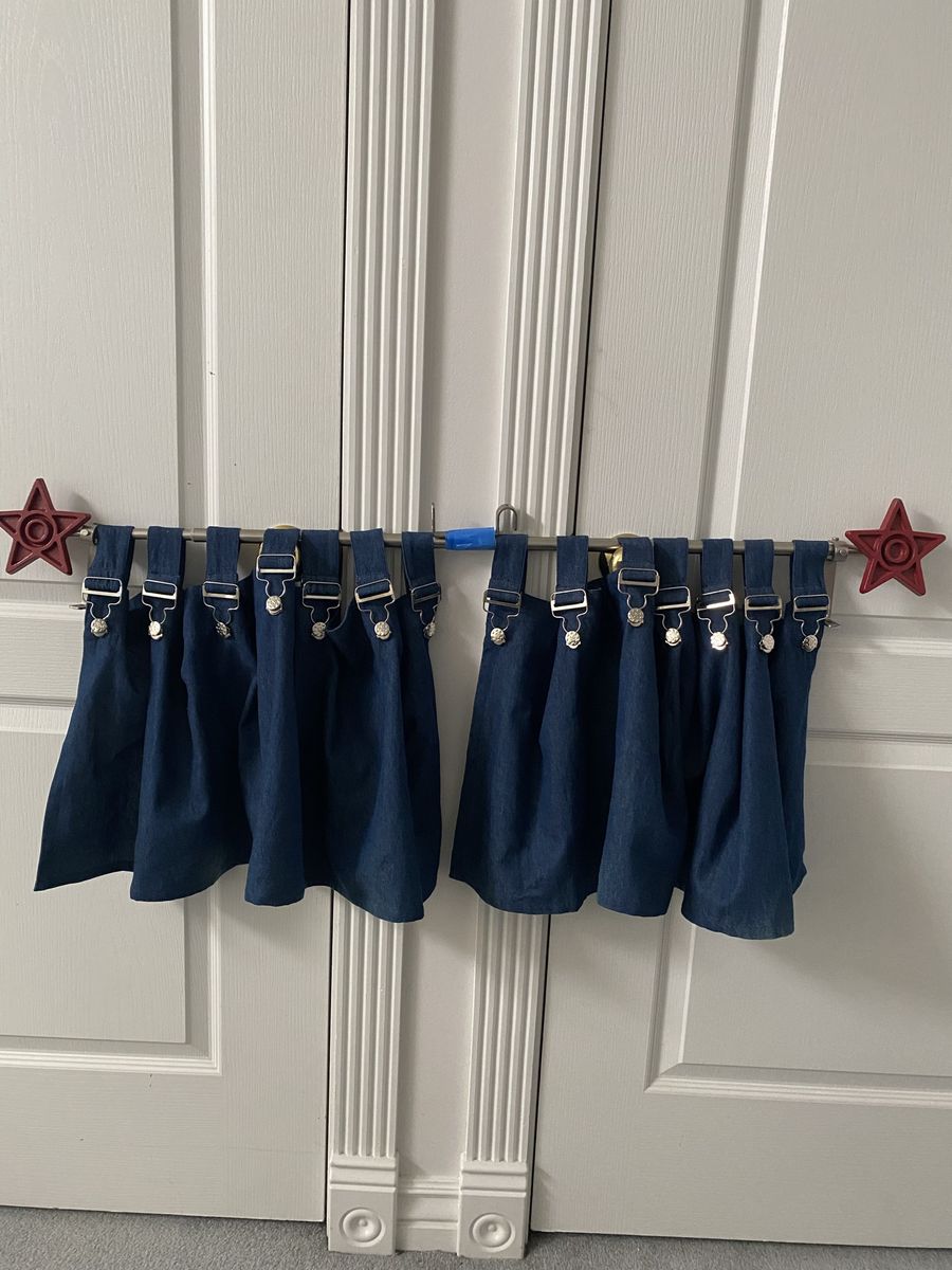 Cute Denim Blue Valance Curtains with Red Star Curtain Rod, 2 Panels