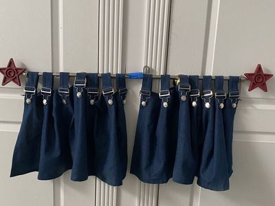 Cute Denim Blue Valance Curtains with Red Star Curtain Rod, 2 Panels