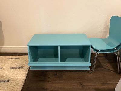 Turquoise toy organizer and bench