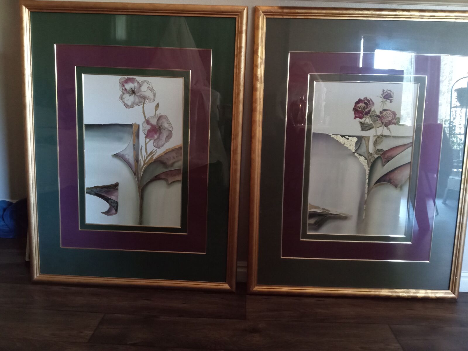 Wall decor fine art two Ritter-Scherer matted framed poppies & roses w/ gold leafing Vanguard Studios German artist office art