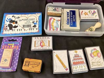 Great Stamp Set - Happy Birthday- Party Invite- Book Belongs To - Stamp Pad-Cards- And MORE See PICS