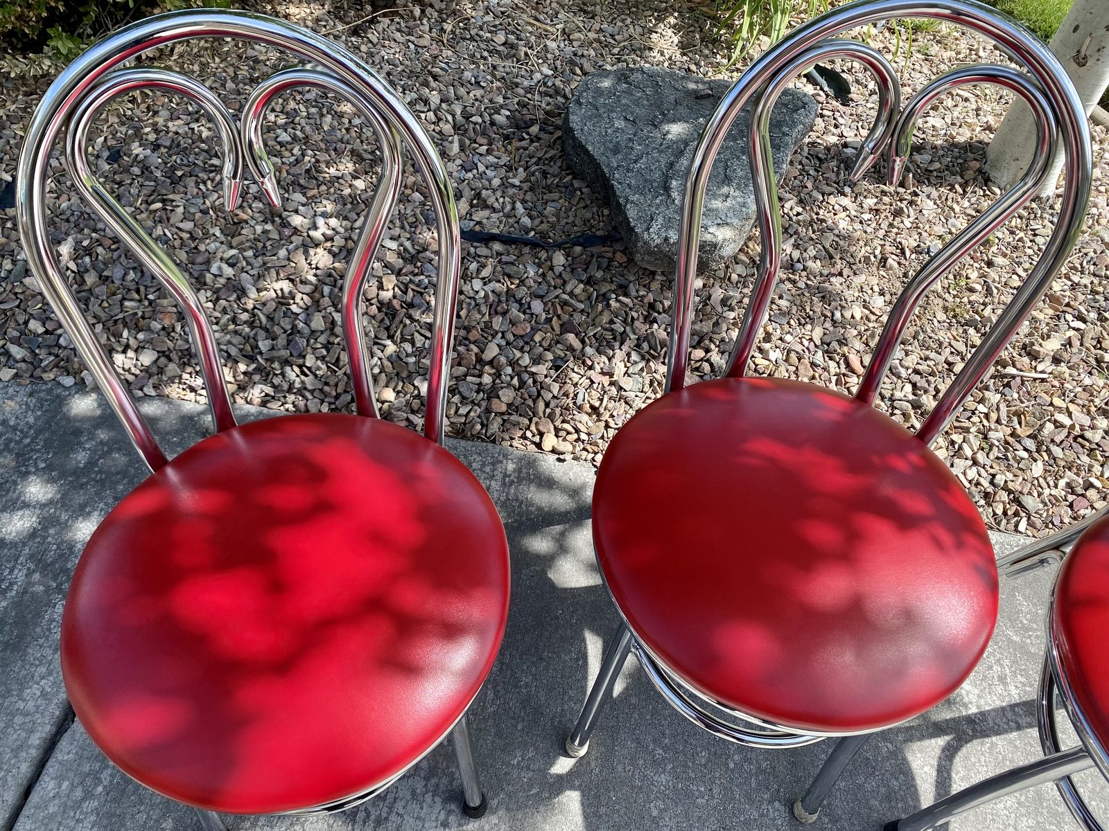 3 Vintage Chrome & Red Vinyl Heart Back Dining Chairs - Set of 3 - C PIX