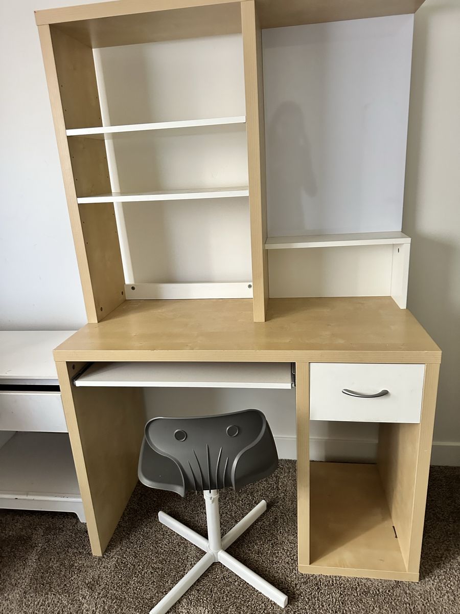 Modern Maple & White Computer Desk with Hutch, Keyboard Tray & Drawer