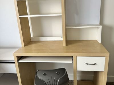 Modern Maple & White Computer Desk with Hutch, Keyboard Tray & Drawer