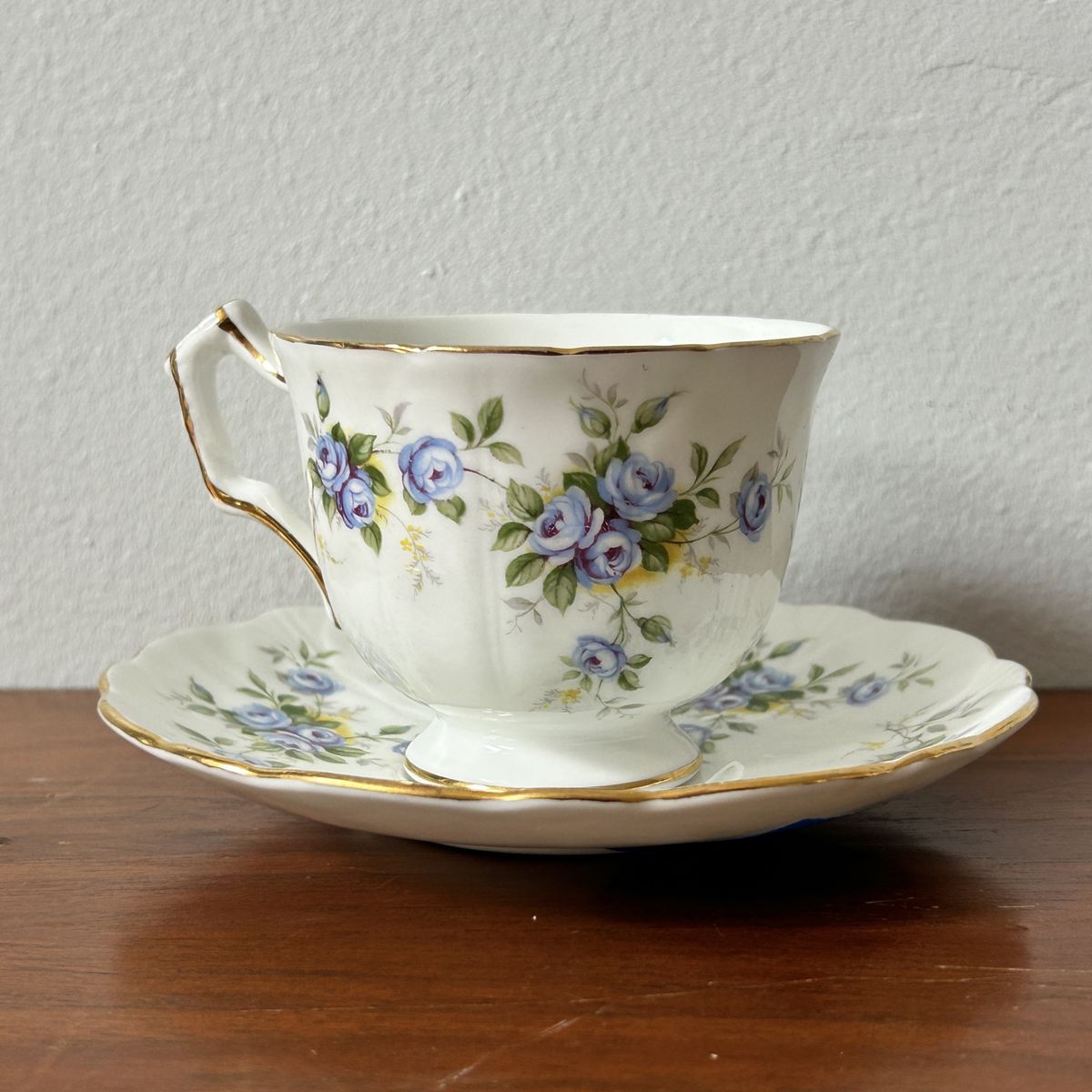 Vintage Aynsley Marine Rose Teacup and Saucer Set Bone China Gold Trim 2872