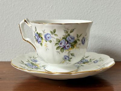 Vintage Aynsley Marine Rose Teacup and Saucer Set Bone China Gold Trim 2872