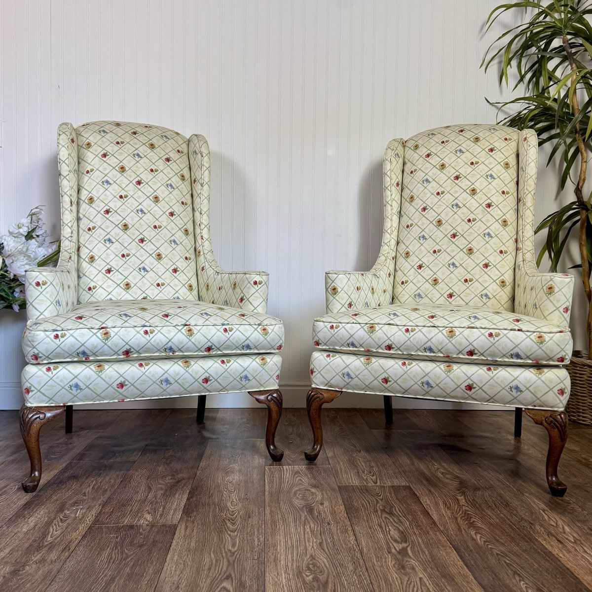 Pair of Floral Lattice Wingback Chairs