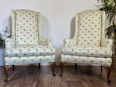 Pair of Floral Lattice Wingback Chairs