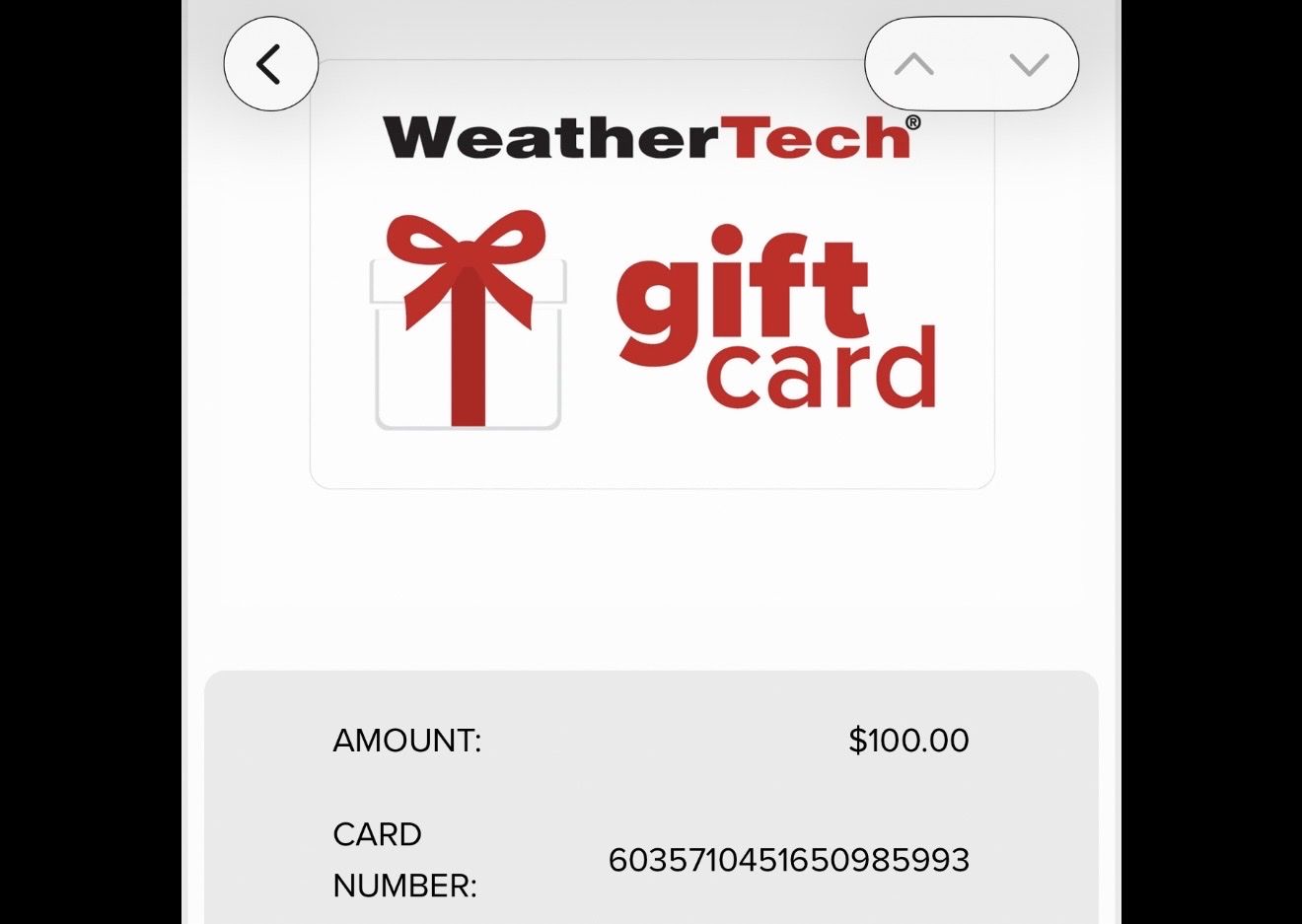 $100 WeatherTech e-Gift Card - Unused, Save on Car Accessories, Floor Liners & More!