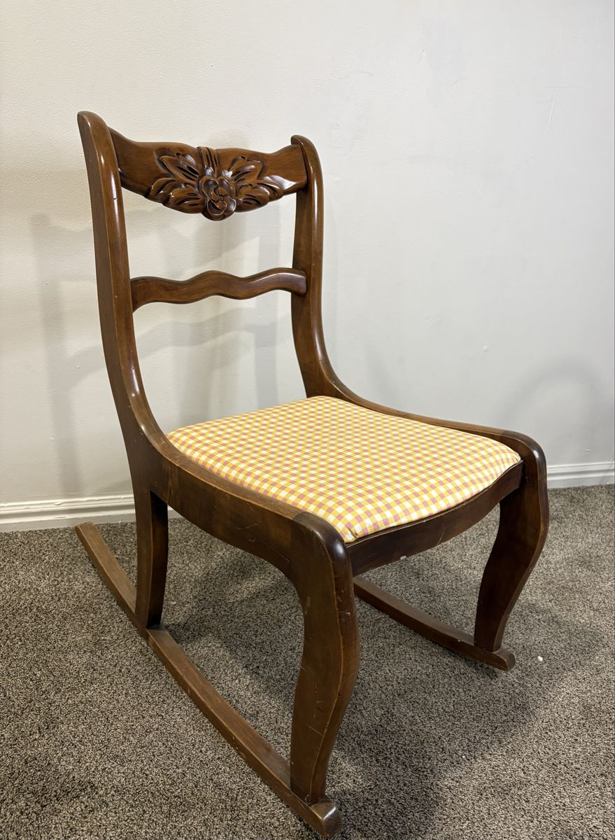 Vintage Wooden Children's Rocking Chair with Carved Floral Back and Gingham Cushion