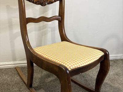 Vintage Wooden Children's Rocking Chair with Carved Floral Back and Gingham Cushion