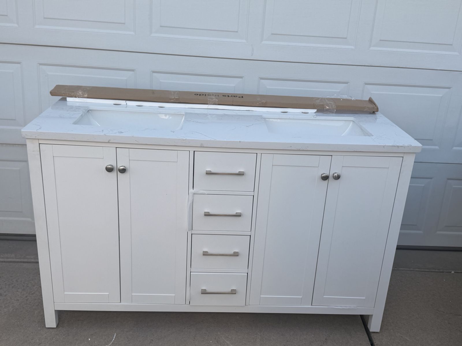60” White Double Sink Bathroom Vanity with Faux Marble Top and Hardware