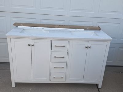 60” White Double Sink Bathroom Vanity with Faux Marble Top and Hardware