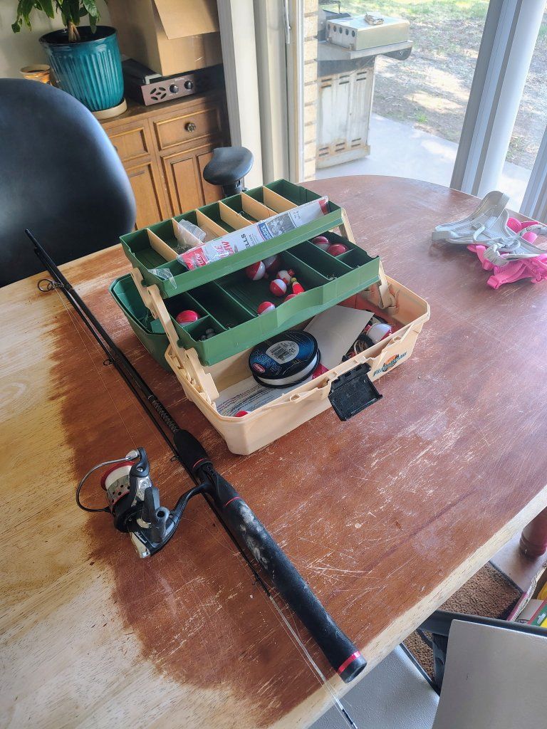 Fishing Rod, Reel, and Tackle Box Combo with Assorted Gear