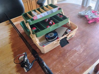 Fishing Rod, Reel, and Tackle Box Combo with Assorted Gear