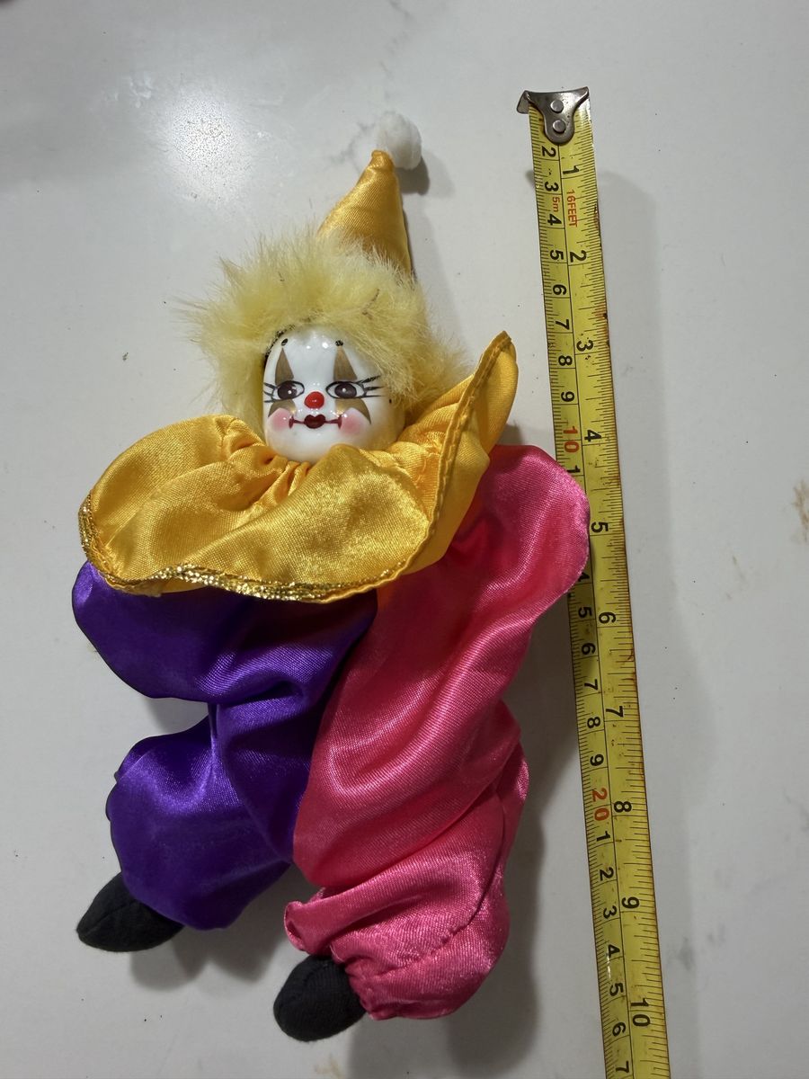 Vintage Porcelain Face Clown Doll Yellow Purple Pink Satin Costume 10 Inch