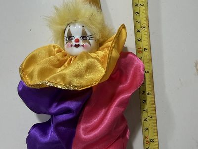 Vintage Porcelain Face Clown Doll Yellow Purple Pink Satin Costume 10 Inch