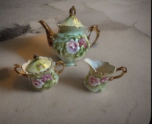 Lefton China Hand Painted Tea Set - Light Green with Pink Roses - Teapot, Sugar Bowl, Creamer #5055