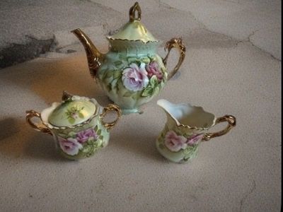 Lefton China Hand Painted Tea Set - Light Green with Pink Roses - Teapot, Sugar Bowl, Creamer #5055