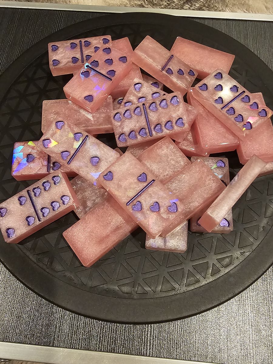 Handmade Resin Dominoes Set with Purple Hearts and Sparkle Finish