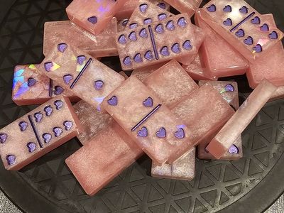 Handmade Resin Dominoes Set with Purple Hearts and Sparkle Finish