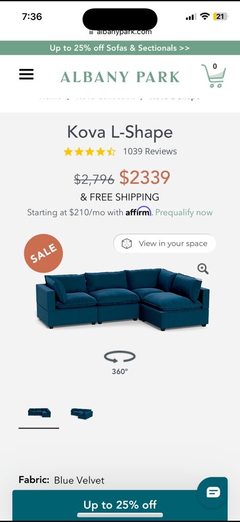 Albany Park Kova L-Shape blue Sectional Blanket