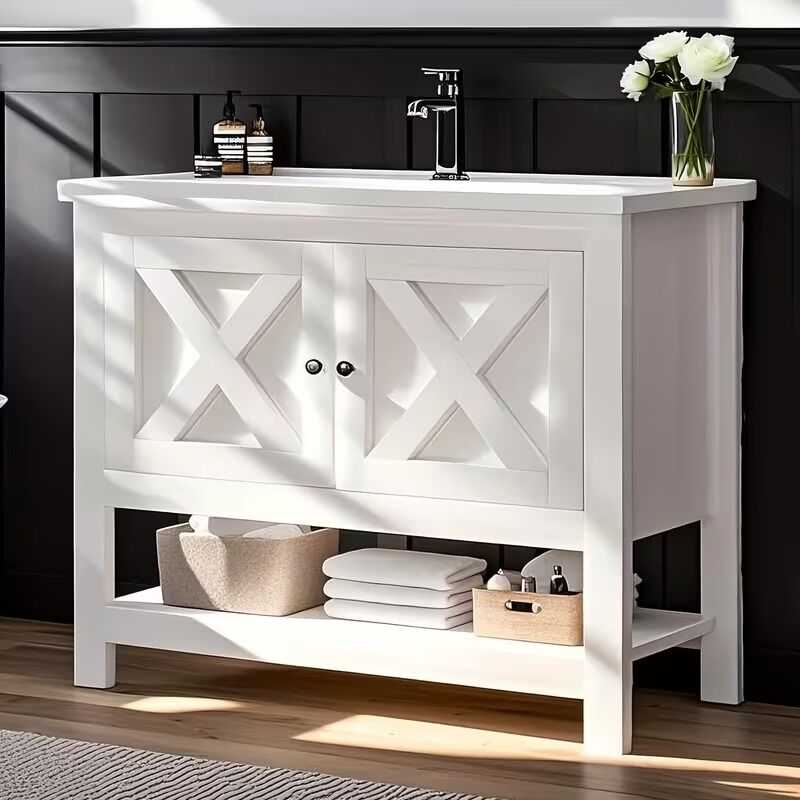 36” White Farmhouse Bathroom Vanity with Ceramic Sink – NEW