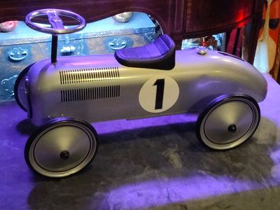 Classic Schylling Metal Speedster Ride-On Race Car - Silver Retro Style