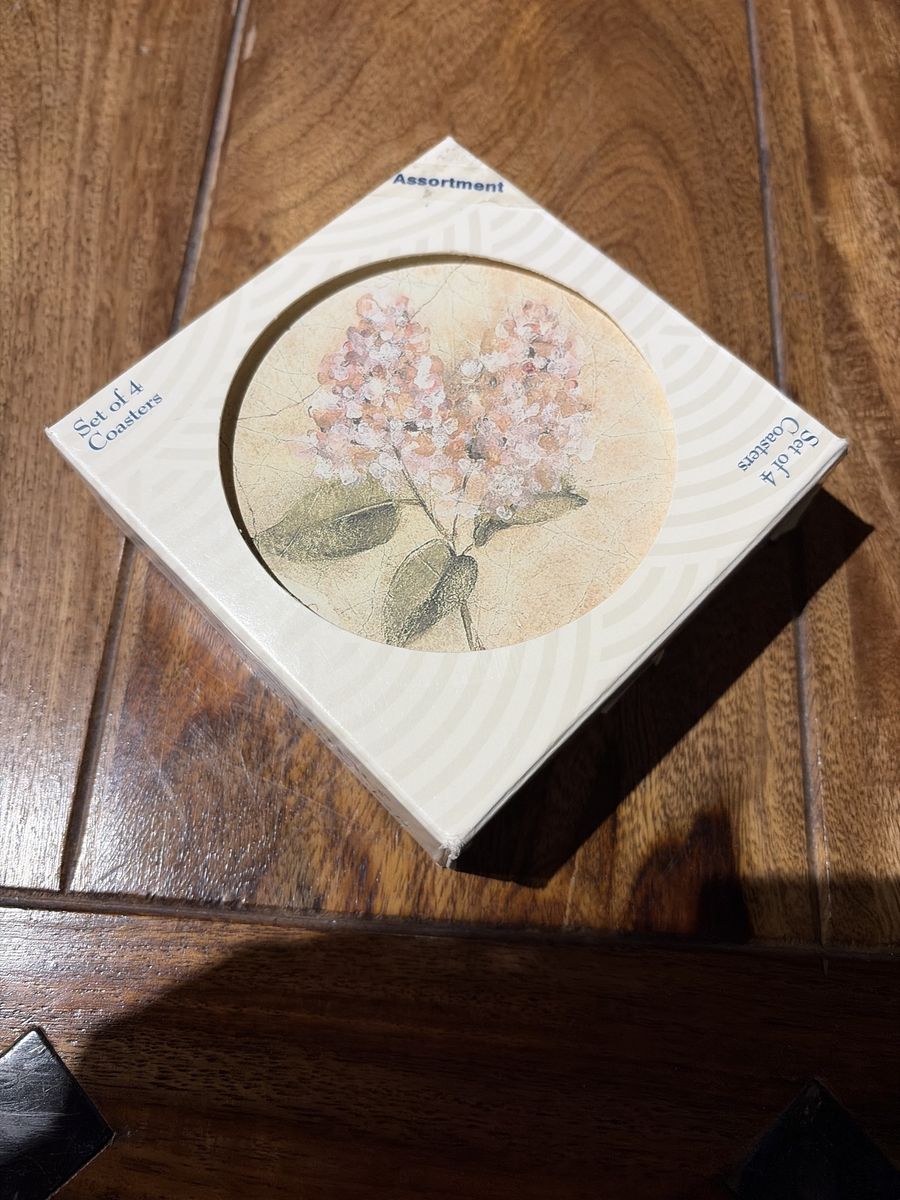 Assorted Set of 4 Thirsty Stone Coasters with Floral Design - New in Box