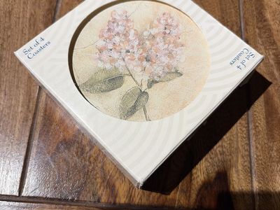 Assorted Set of 4 Thirsty Stone Coasters with Floral Design - New in Box