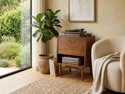 Vintage Mid Century Small Walnut Record Console Table w/Drop Down Cabinet, Interior Media Storage & Lower Media Cubby by America