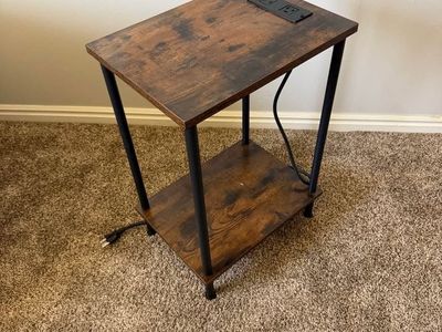 Industrial Nightstand / Side Table with Built-In Outlet & USB – Rustic Brown