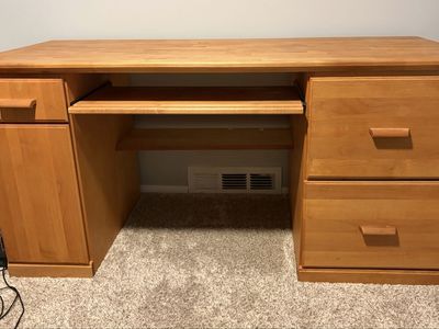 Wooden Home Office Desk with Keyboard Tray & Storage Drawers, Light Wood Finish