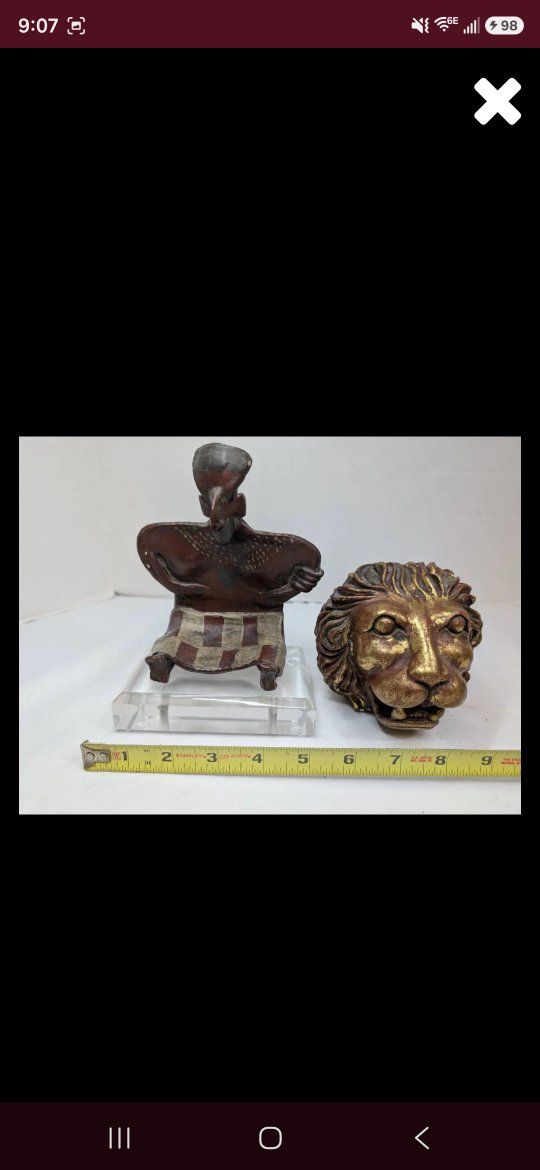 Vintage Lion Head Bookends & African Figure Sculpture - Ornate Home Decor Set