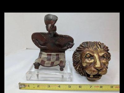 Vintage Lion Head Bookends & African Figure Sculpture - Ornate Home Decor Set